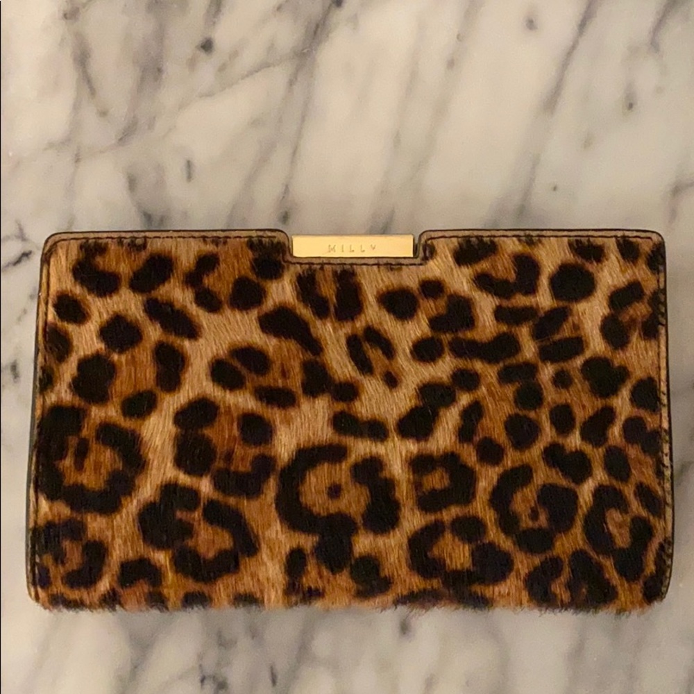 Milly leopard print clutch with gold strap 8.5x5”